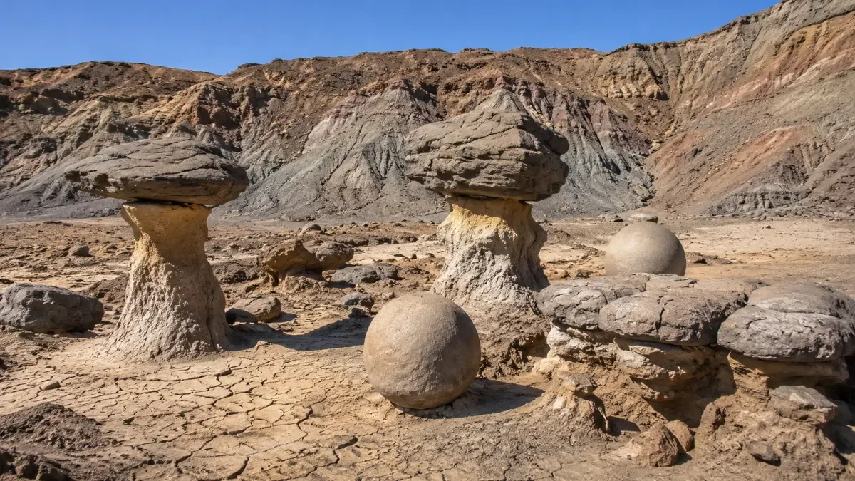 Formaciones de arenisca erosionadas sobre suelo desértico agrietado